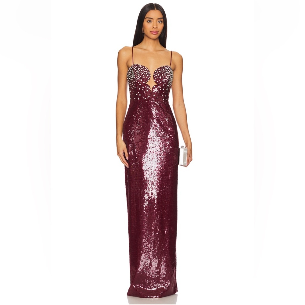 Rebecca Vallance Burgundy Sequin Maxi Gown with Embellished Bust